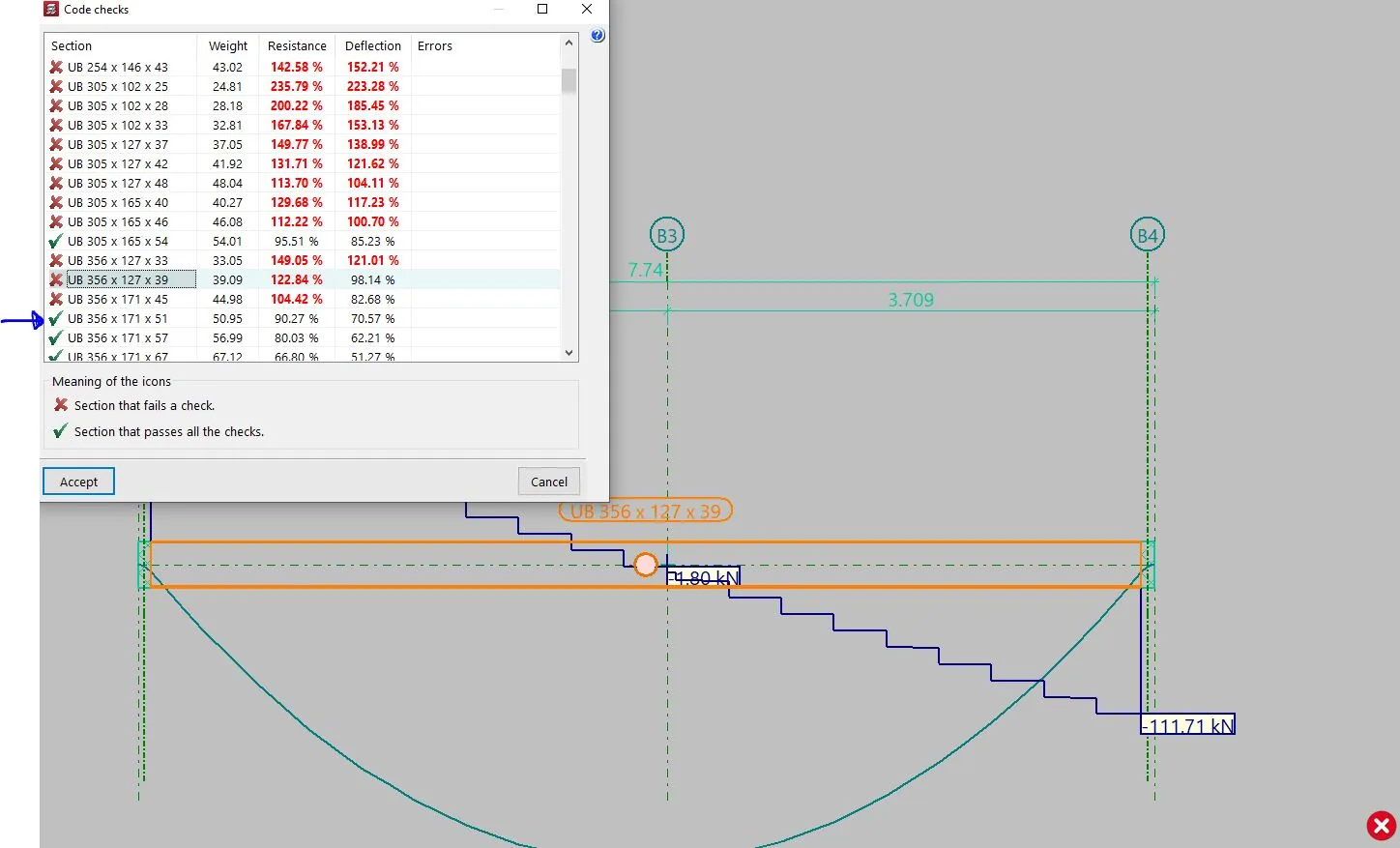 Structural beam analysis and code-check output