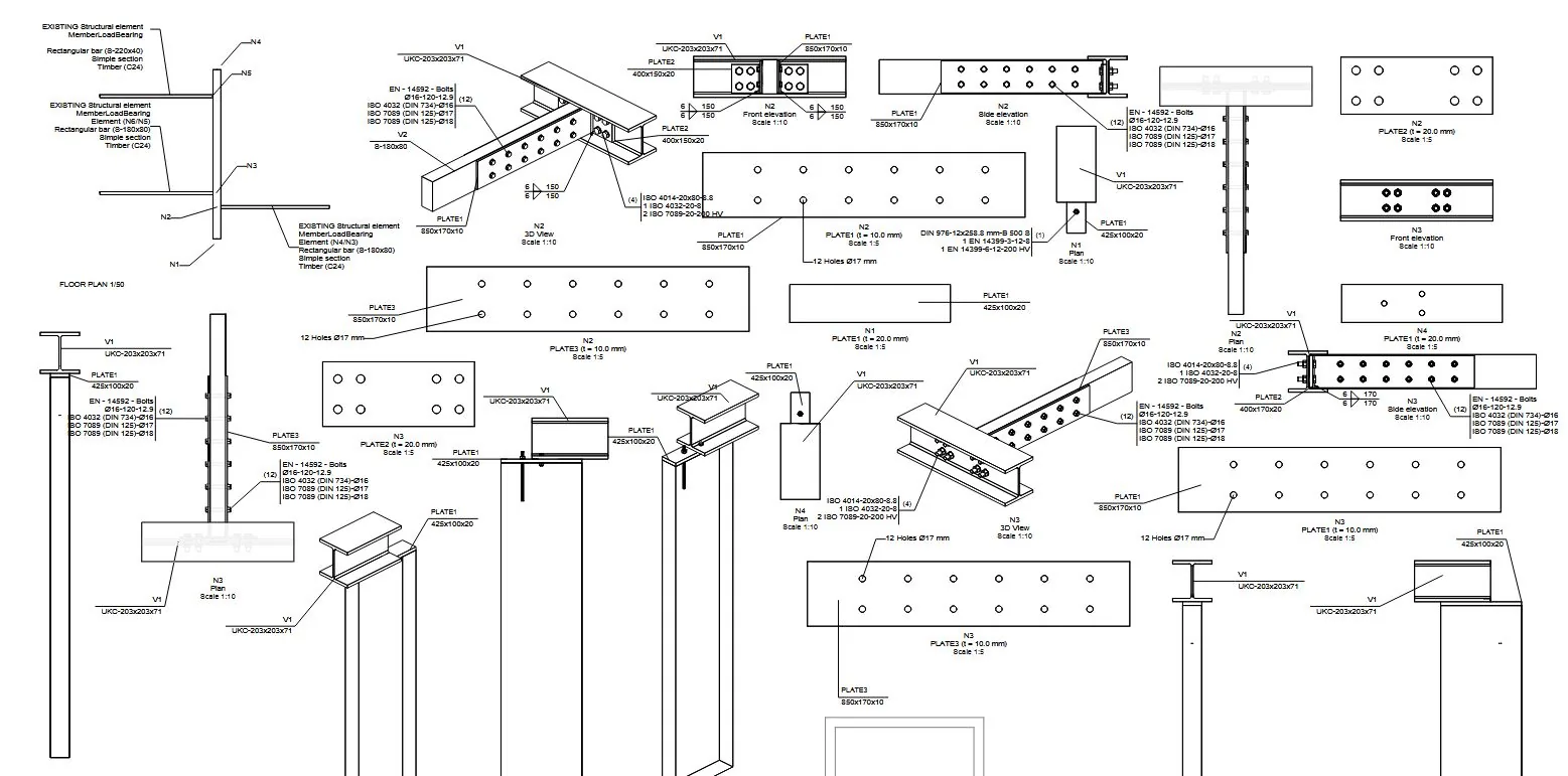 Detailed structural steel connection drawing